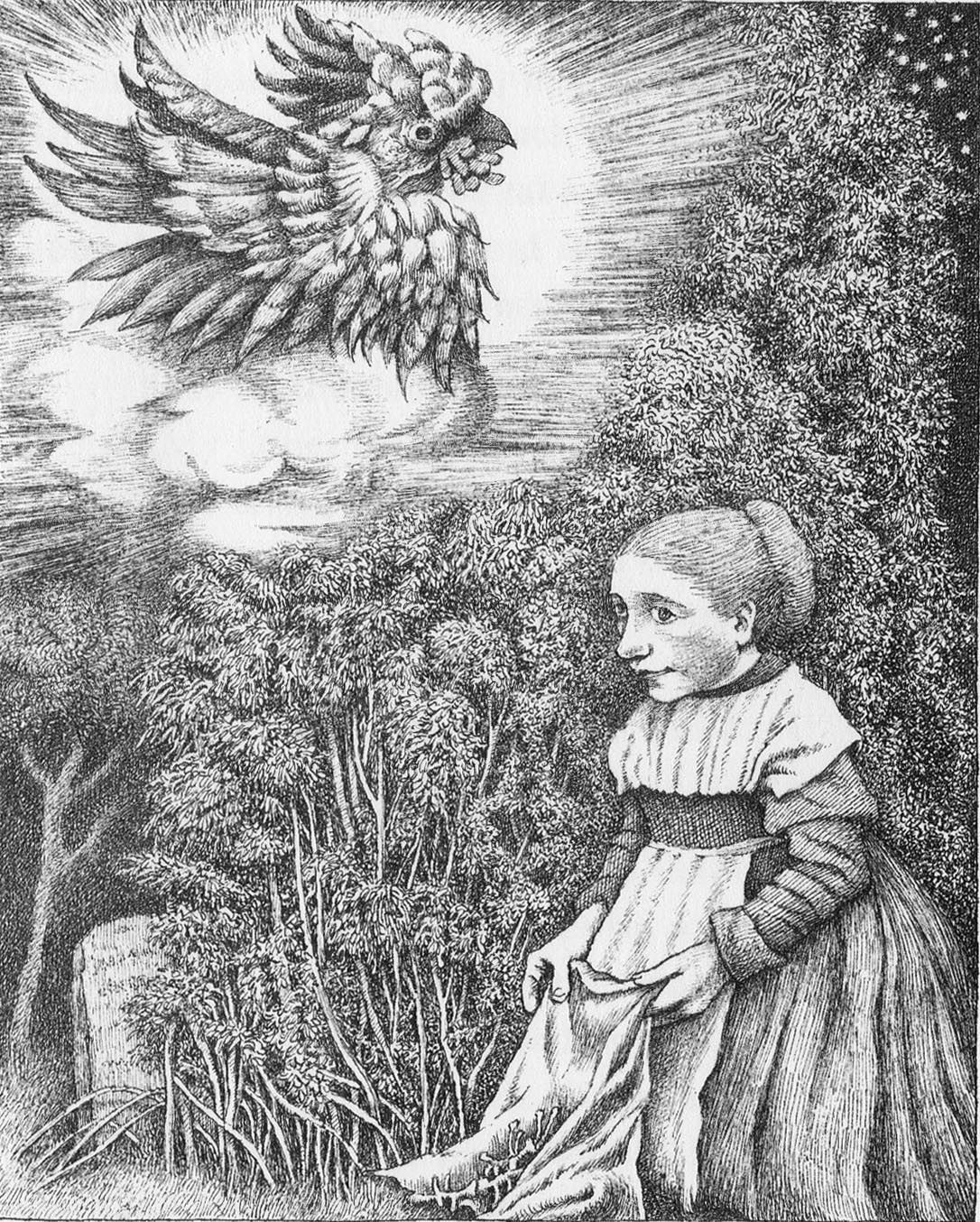 The Juniper Tree - the stepson comes back to life as a beautiful bird. A dark legend from the Brothers Grimm.