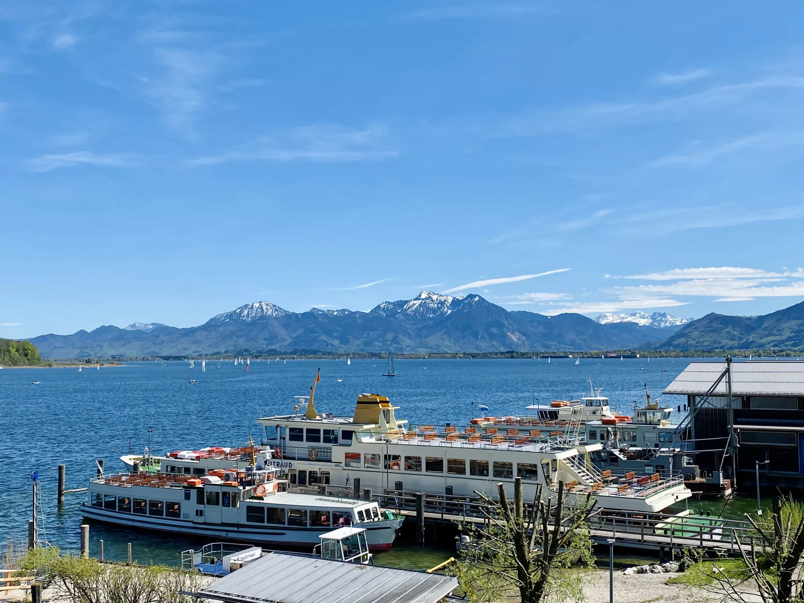 Lake Chiemsee, in Bavaria, Germany has a stunning view of the Alps.