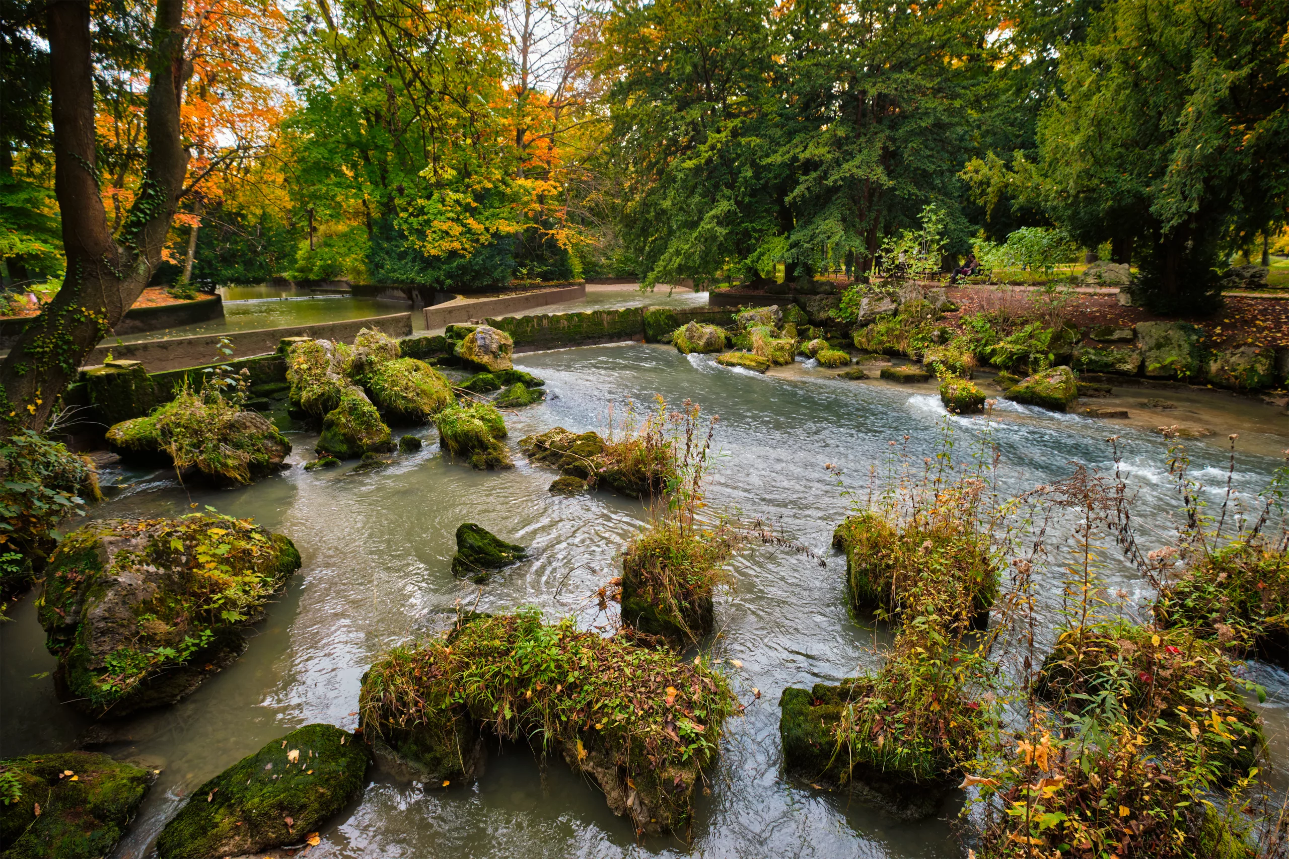 The Eisbach river in the English Gardens in Munich